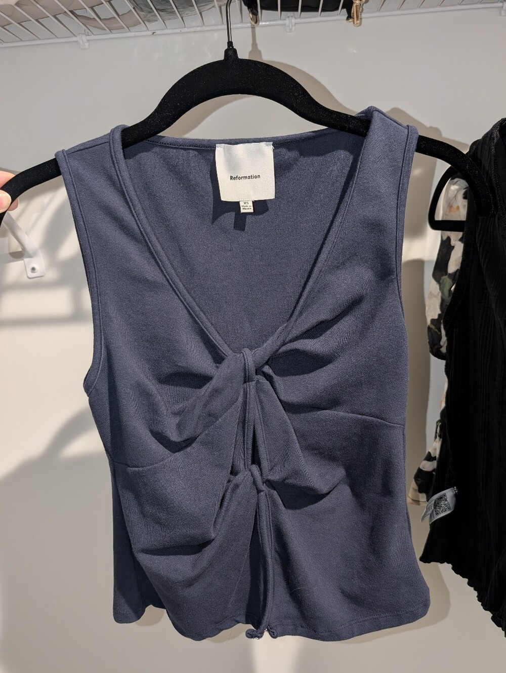 Reformation Navy Twist-Front Sleeveless Knit Top